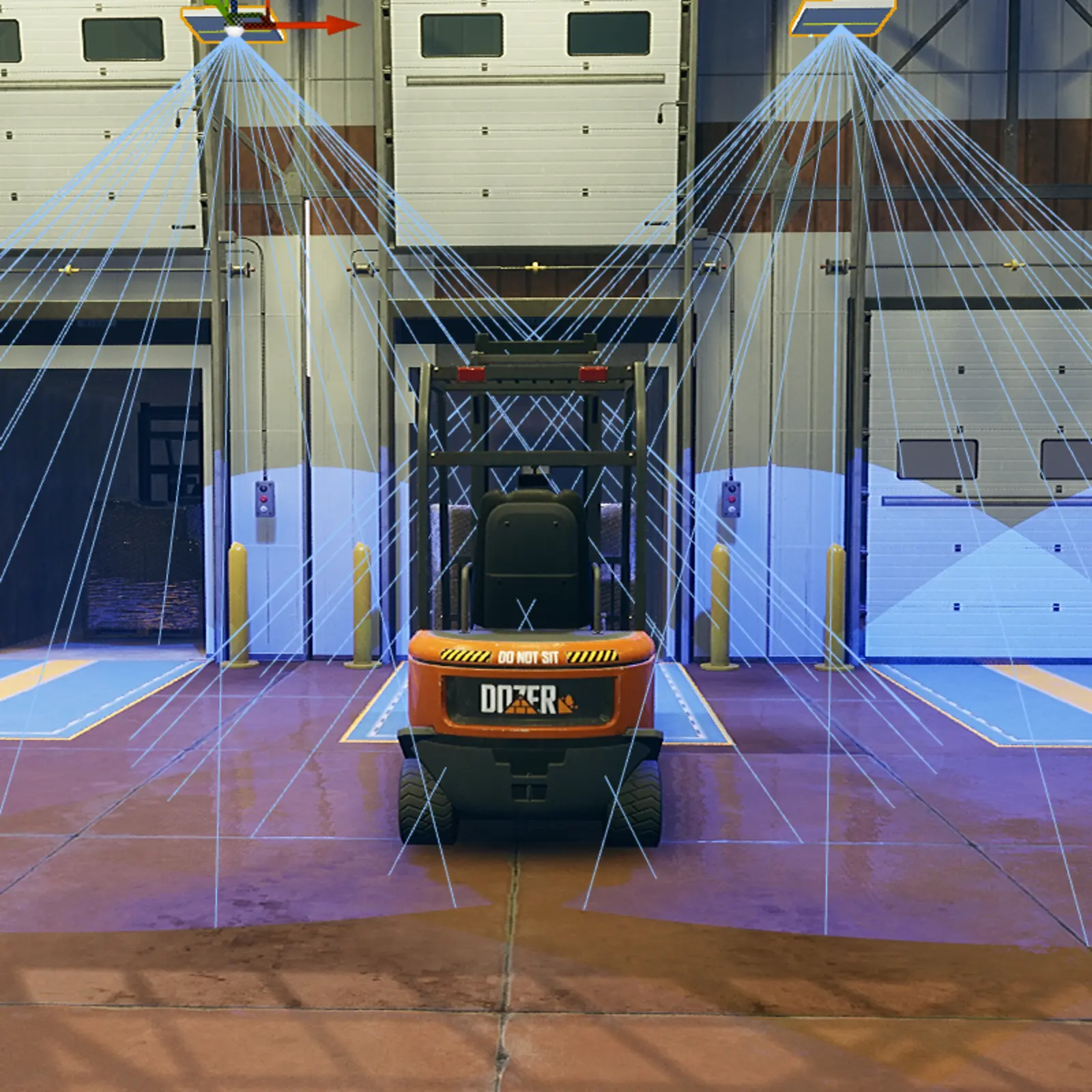 Steerable RF beams covering a dock door as a forklift passes through